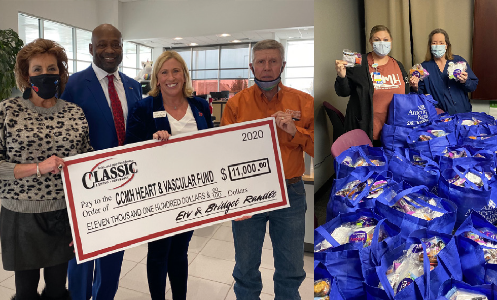 Classic Chevrolet donation check to CCMH, All America Bank treat bags donation
