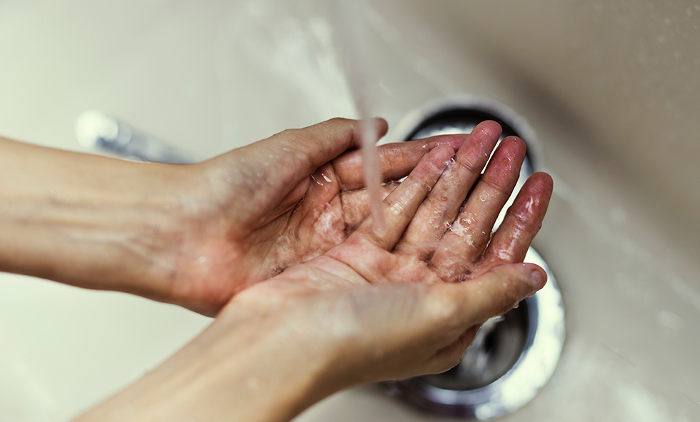 Hands in sink with running water